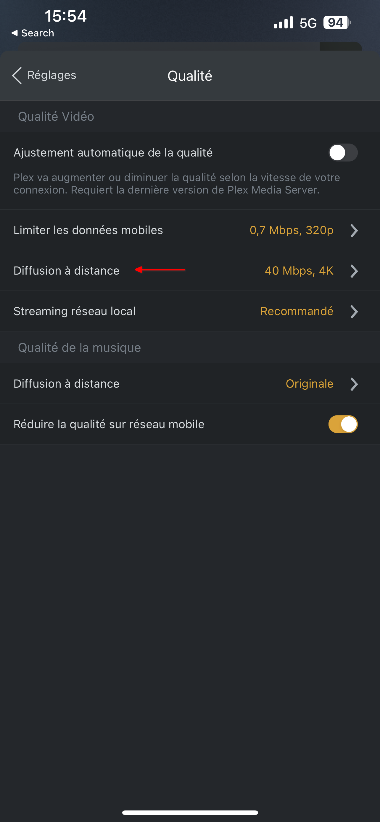Ouvrir paramètres de Diffusion